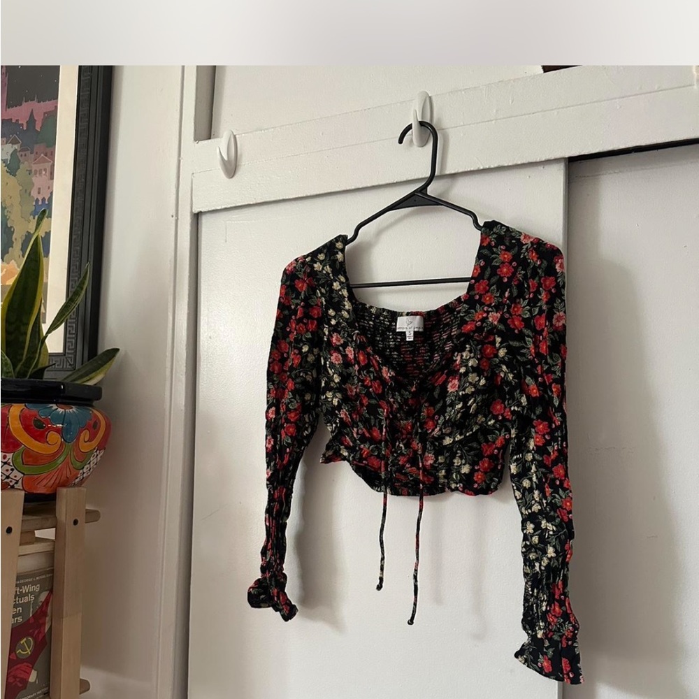 Patrons of Peace Red and Pink Ruched Crop Blouse